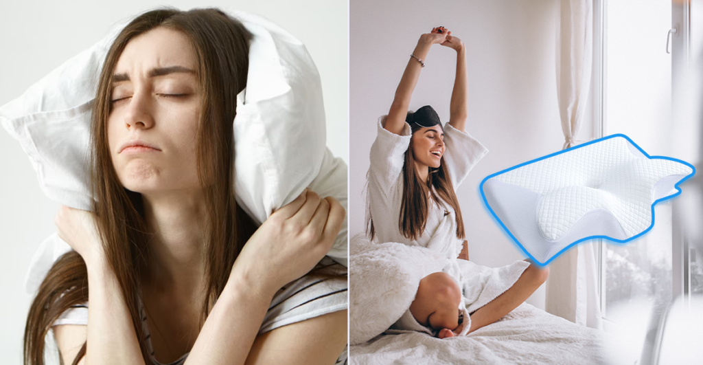 collage of woman waking up with and without Ergo Z pillow